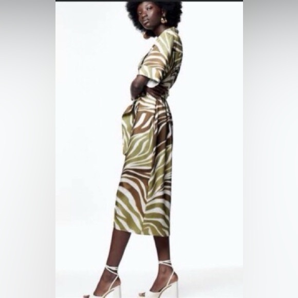 Zara Animal Print Shift Midi Dress Medium V Neck Belted Notched Collar Faux Wrap - Picture 11 of 17